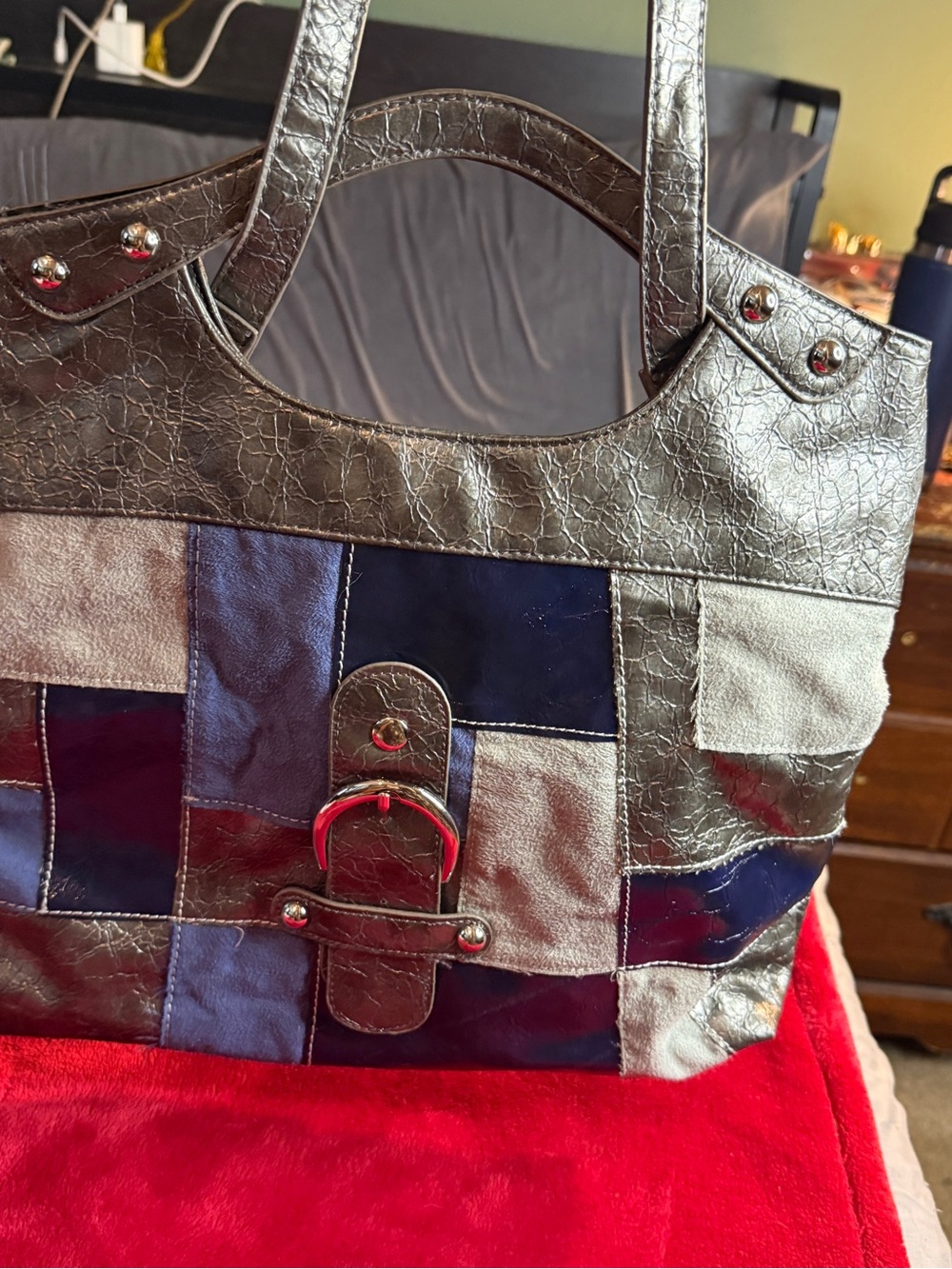 Y2K Metallic Patchwork Tote Bag - Silver & Blue Multi-Texture Shoulder Bag